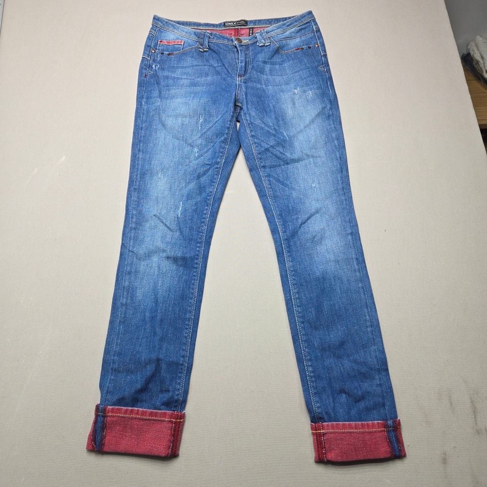 ONLY Jeans Denimize Straight Distressed Red Cuff Blue Women 28x32